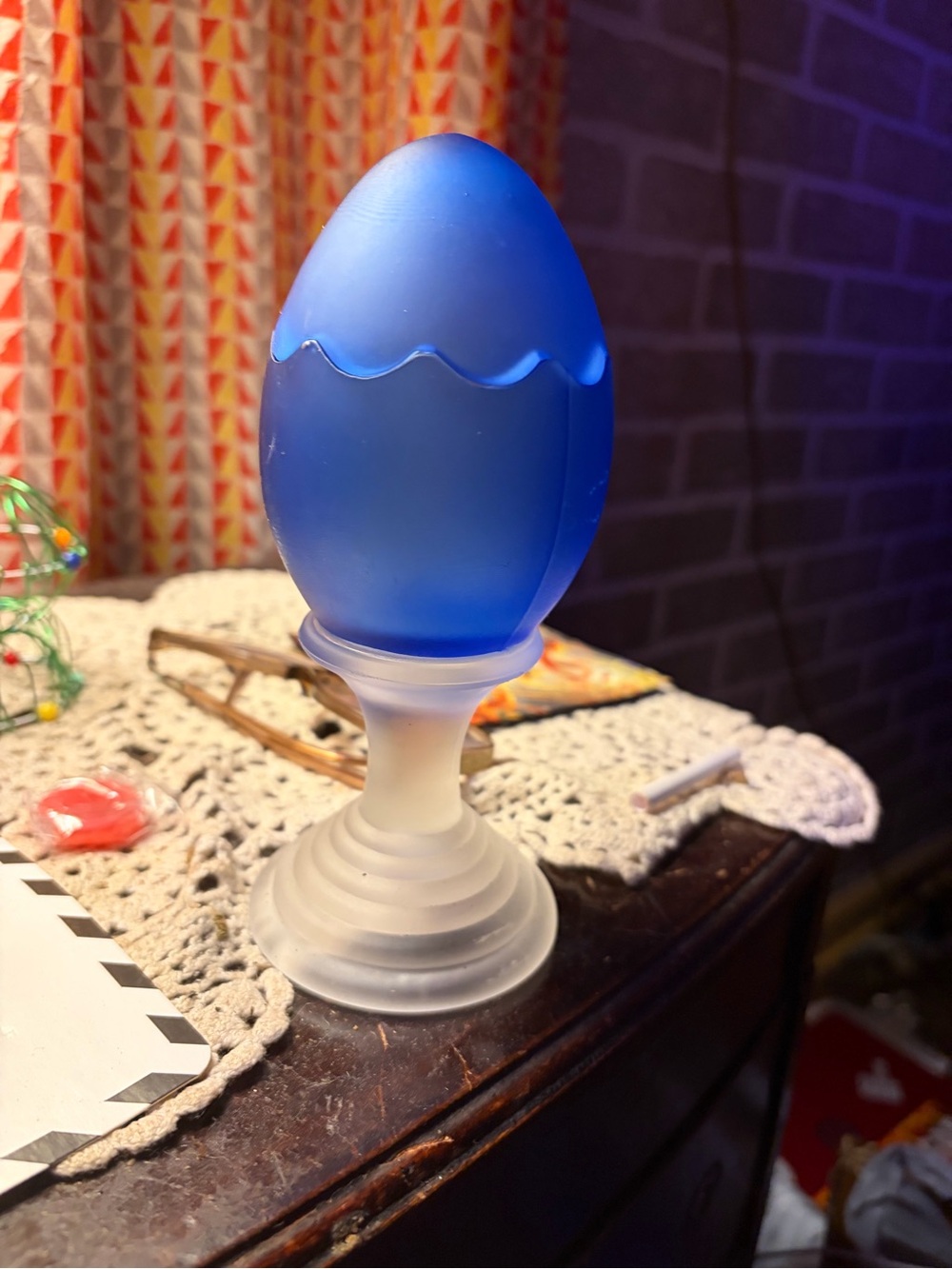 Vintage Frosted Blue Satin Glass Cracked Egg Trinket Dish Pedestal Stand